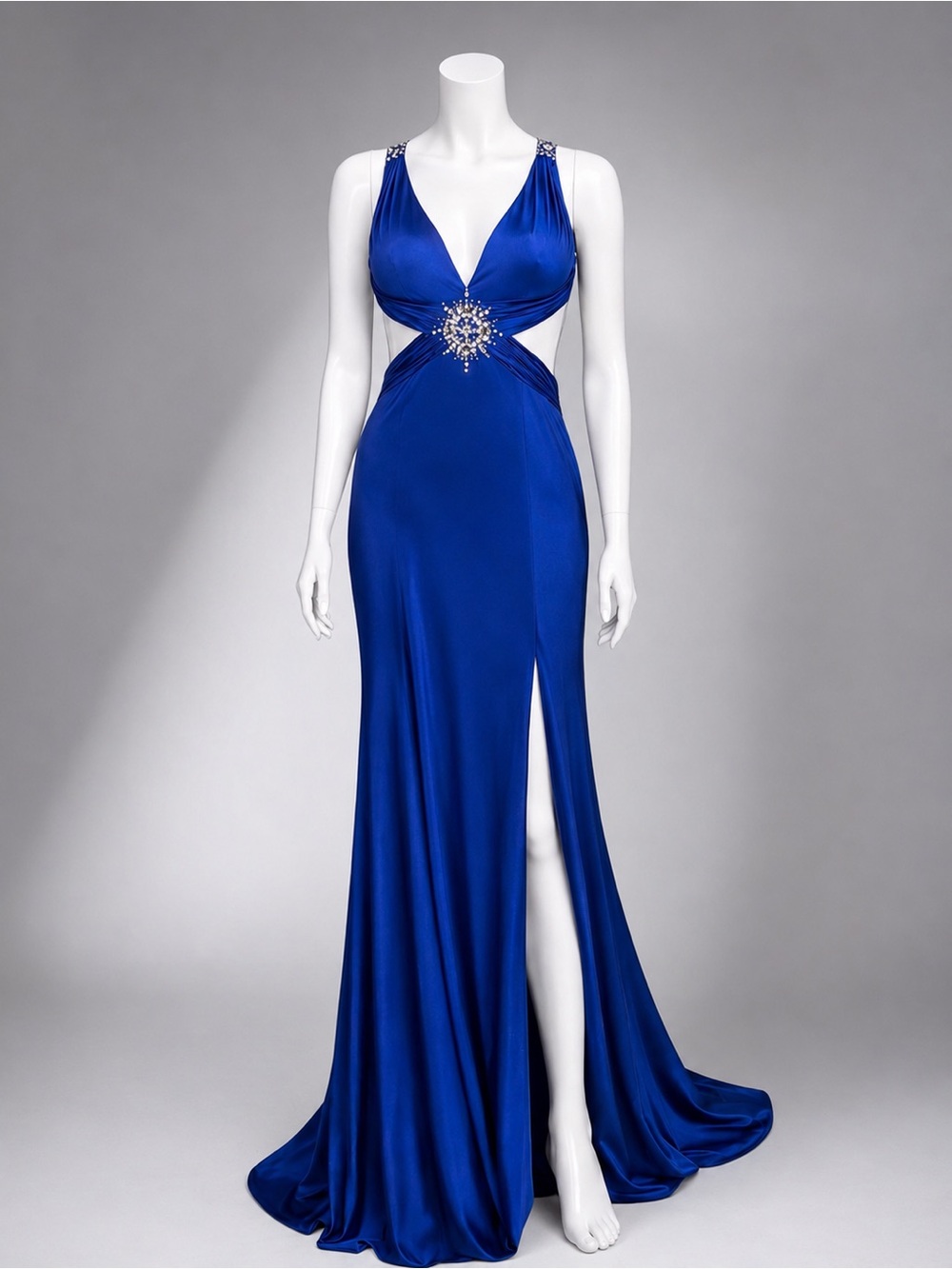 Caché Royal Blue Bedazzled Halter Sheath Gown – Size 2